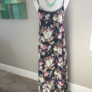 Black Floral Maxi Dress, Sleeveless, Straps, Lined